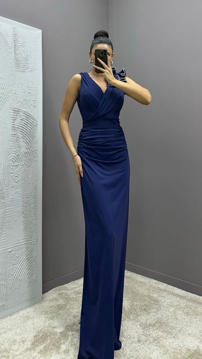 Navy Blue V Neck Evening Dress with Ruffled Shoulders