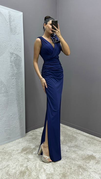 Navy Blue V Neck Evening Dress with Ruffled Shoulders