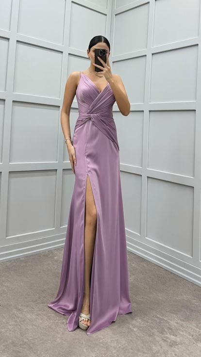 Lilac Rope Strap Slit Satin Evening Dress