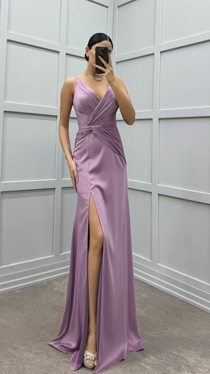 Lilac Rope Strap Slit Satin Evening Dress