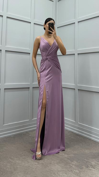Lilac Rope Strap Slit Satin Evening Dress