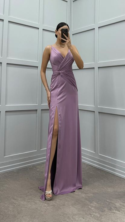 Lilac Rope Strap Slit Satin Evening Dress