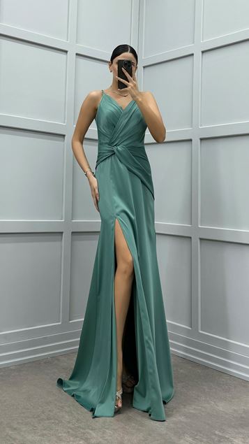 Mint Green Rope Strap Slit Satin Evening Dress