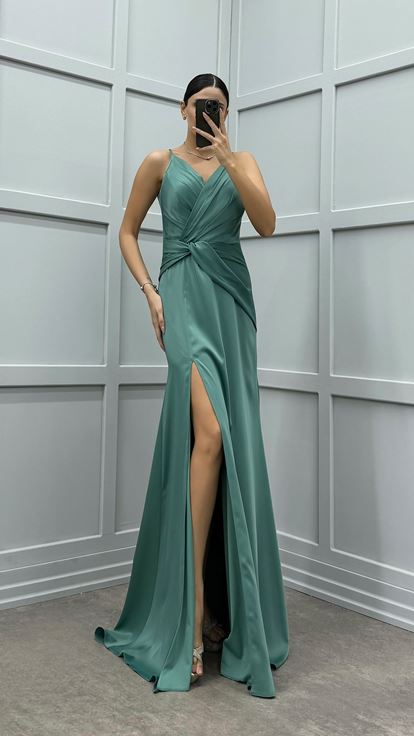 Mint Green Rope Strap Slit Satin Evening Dress