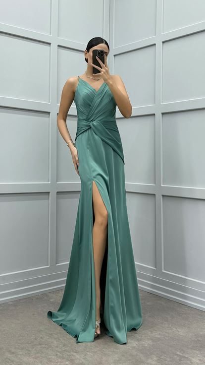 Mint Green Rope Strap Slit Satin Evening Dress