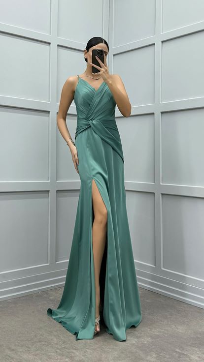 Mint Green Rope Strap Slit Satin Evening Dress