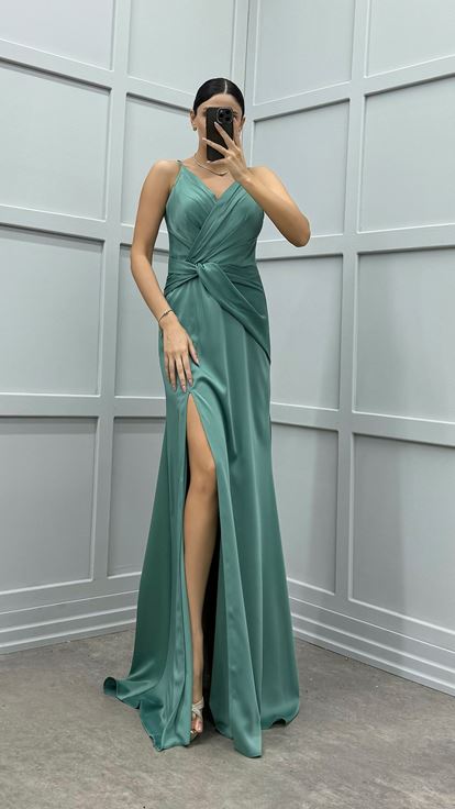 Mint Green Rope Strap Slit Satin Evening Dress