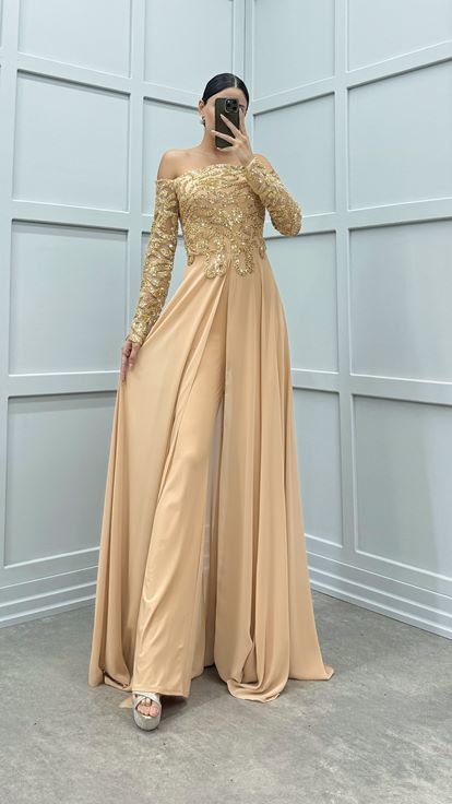 Beige Chest Embroidered Detail Design Jumpsuit