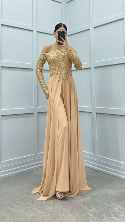 Beige Chest Embroidered Detail Design Jumpsuit