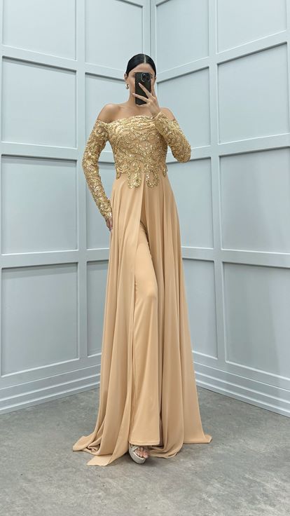 Beige Chest Embroidered Detail Design Jumpsuit