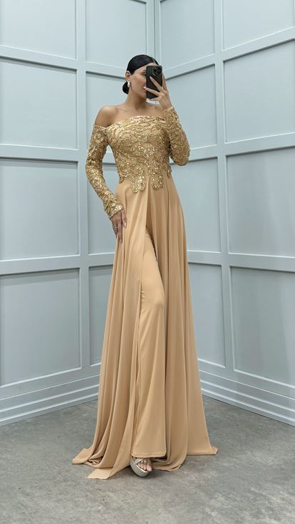 Beige Chest Embroidered Detail Design Jumpsuit