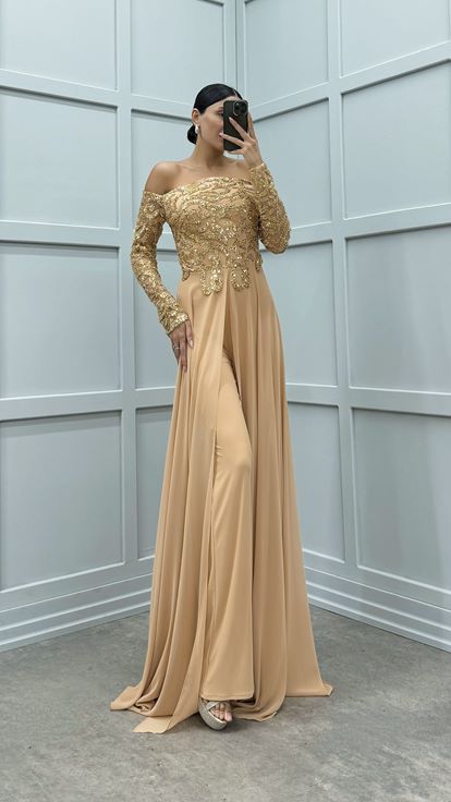 Beige Chest Embroidered Detail Design Jumpsuit