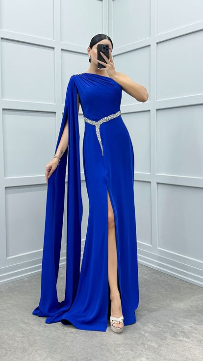 Saks Tek Omuz Taş İşlemeli Abiye Elbise