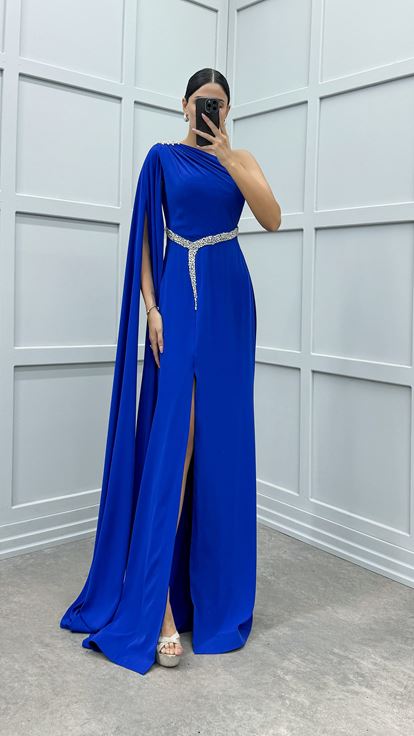 Saks Tek Omuz Taş İşlemeli Abiye Elbise