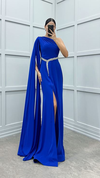 Saks Tek Omuz Taş İşlemeli Abiye Elbise