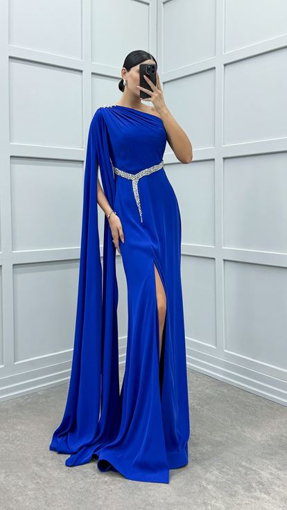 Saks Tek Omuz Taş İşlemeli Abiye Elbise