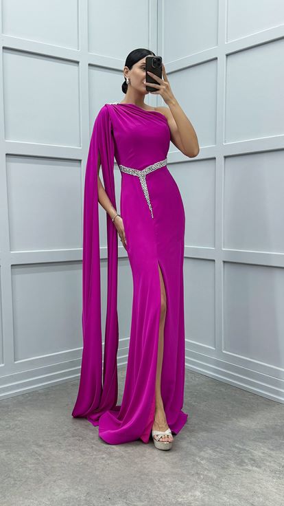 Fuşya Tek Omuz Taş İşlemeli Abiye Elbise