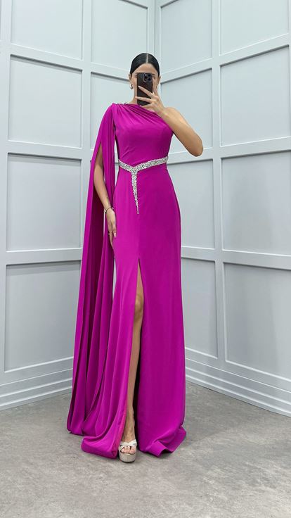 Fuşya Tek Omuz Taş İşlemeli Abiye Elbise