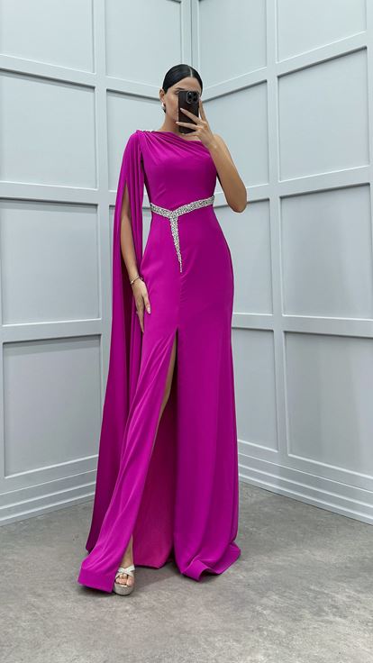 Fuşya Tek Omuz Taş İşlemeli Abiye Elbise