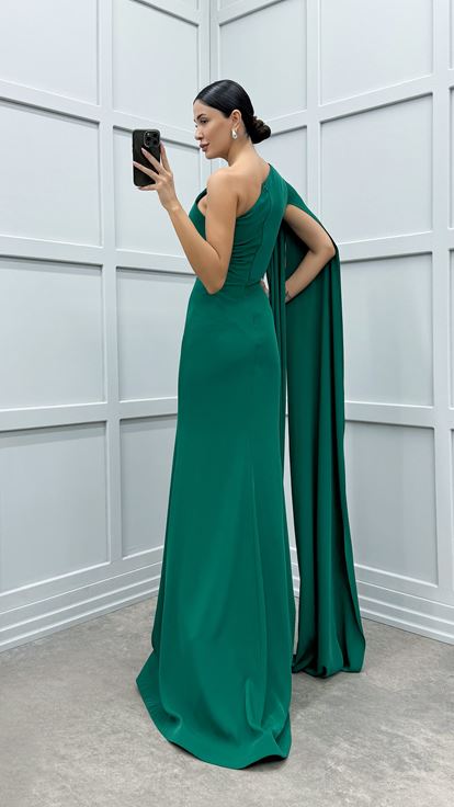 Yeşil Tek Omuz Taş İşlemeli Abiye Elbise