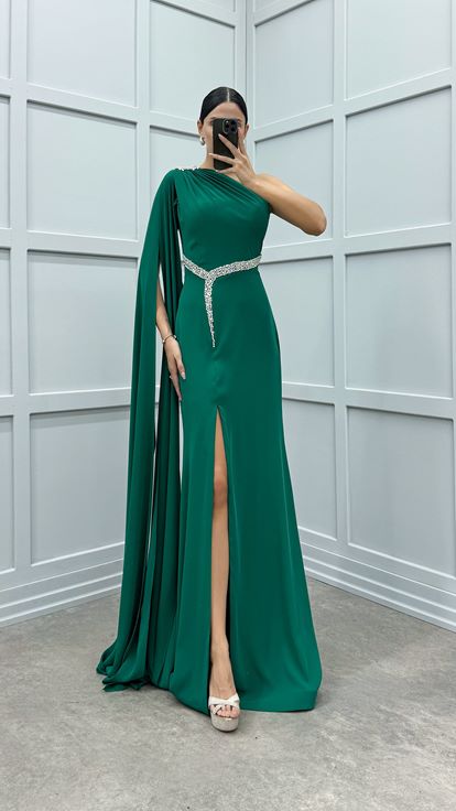 Yeşil Tek Omuz Taş İşlemeli Abiye Elbise