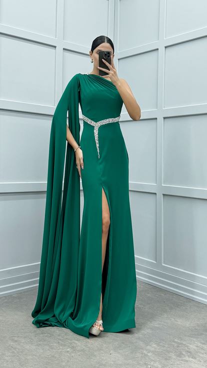 Yeşil Tek Omuz Taş İşlemeli Abiye Elbise