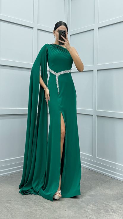 Yeşil Tek Omuz Taş İşlemeli Abiye Elbise