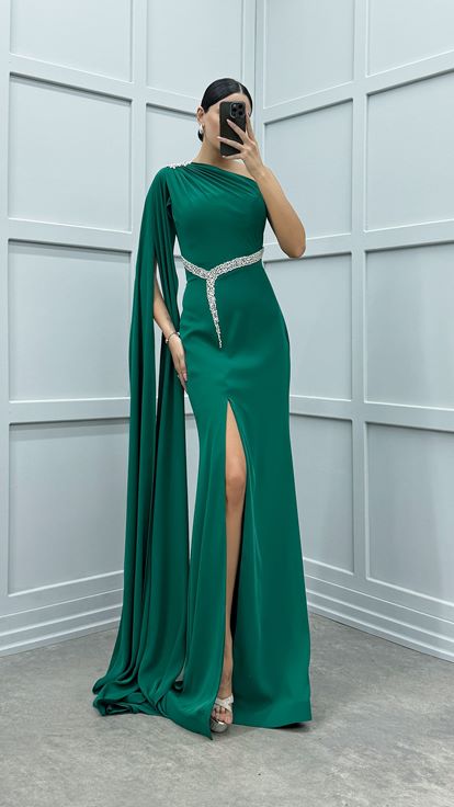 Yeşil Tek Omuz Taş İşlemeli Abiye Elbise