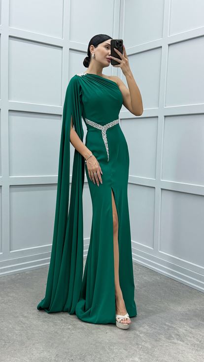 Yeşil Tek Omuz Taş İşlemeli Abiye Elbise
