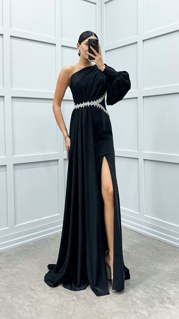 Abito nero dal design in pietra con vita monospalla