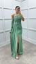 Mint Yeşili Tek Omuz Göğsü İşlemeli Büzgülü Tasarım Elbise