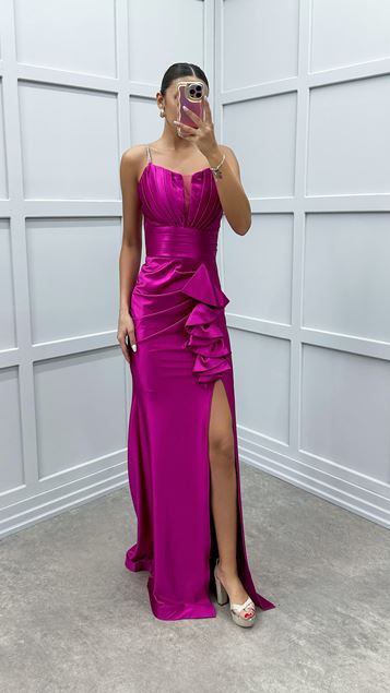 Fuchsia Waist Flounced Design Satin Evening Dress