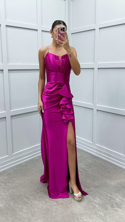 Fuchsia Waist Flounced Design Satin Evening Dress