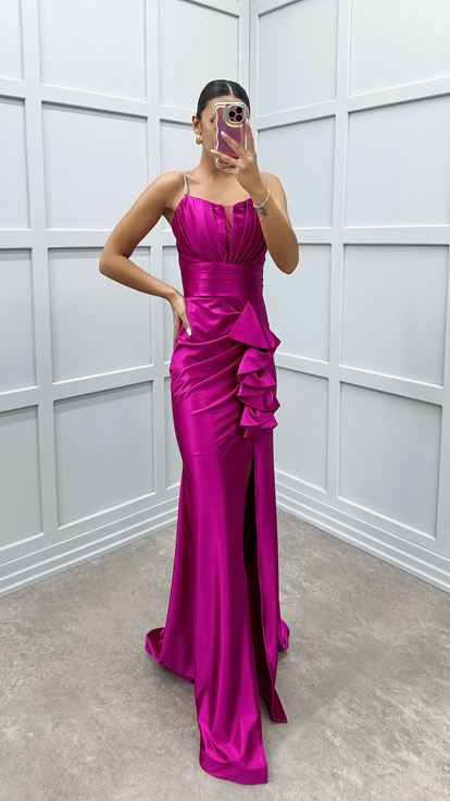 Fuchsia Waist Flounced Design Satin Evening Dress