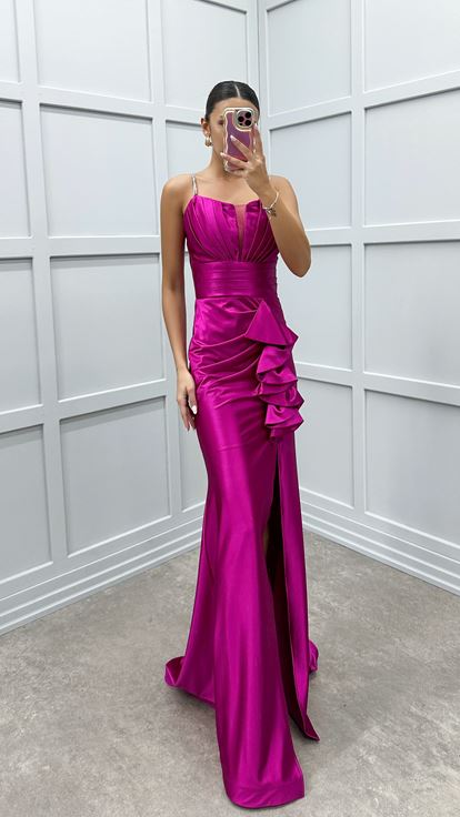 Fuchsia Waist Flounced Design Satin Evening Dress