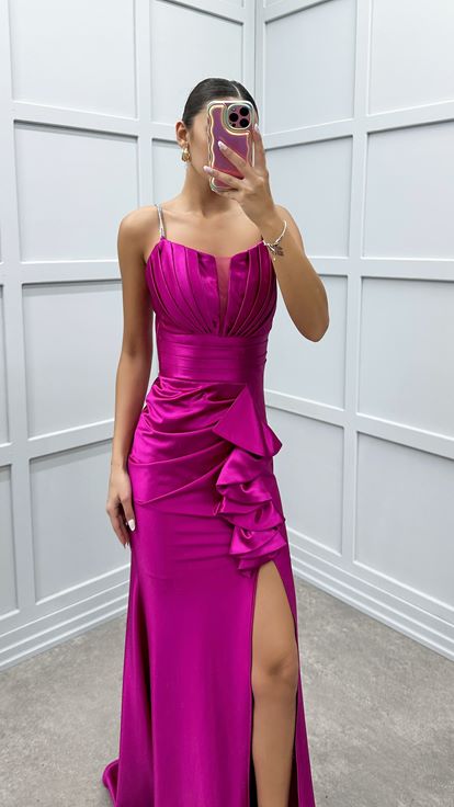 Fuchsia Waist Flounced Design Satin Evening Dress