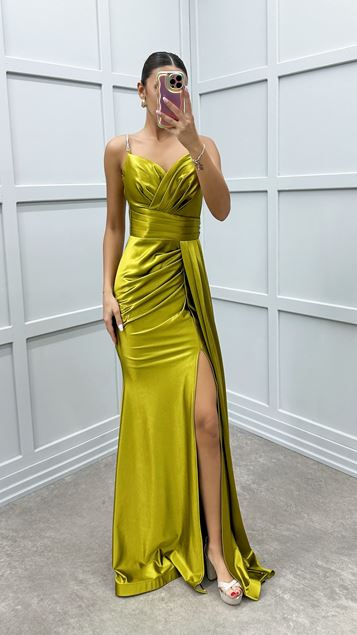 Yellow Waist Detail Design Satin Evening Dress