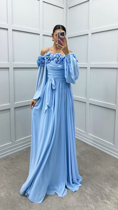 Robe bleu bébé à bretelles en corde, manches ballon, poitrine, motif floral