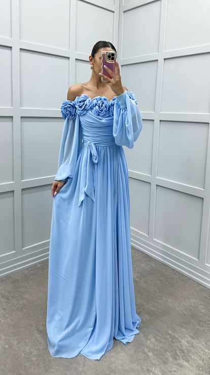 Robe bleu bébé à bretelles en corde, manches ballon, poitrine, motif floral