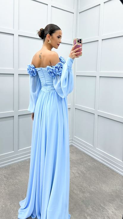 Robe bleu bébé à bretelles en corde, manches ballon, poitrine, motif floral