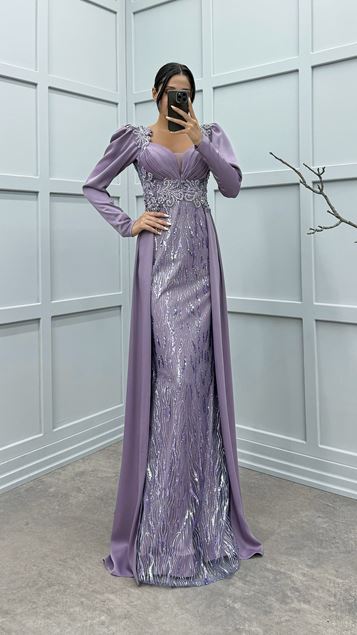 Lilac Back V-Neck Embroidery Detail Design Evening Dress