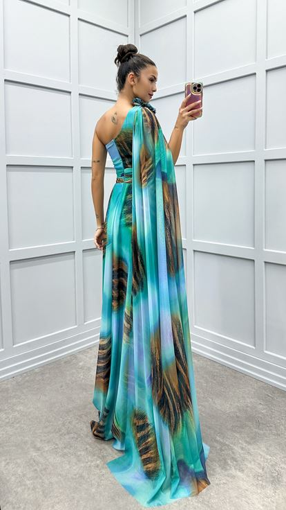 فستان أخضر نعناعي بكتف واحد بتصميم مزين بالزهور