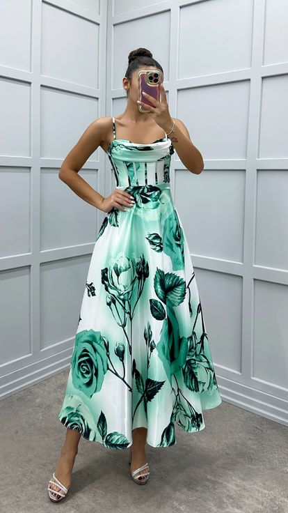 Mint Green Strappy Dress with Boat Neck Pattern on the Bust
