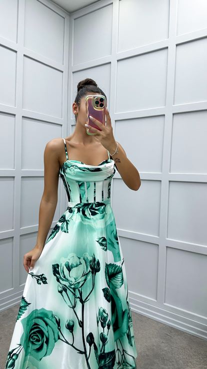 Mint Green Strappy Dress with Boat Neck Pattern on the Bust