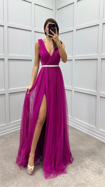 Robe en tulle design brodé à double boutonnage sur la poitrine fuchsia