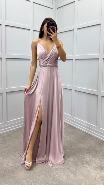 Powder Breasted Double Breasted Draped Slit Design Dress