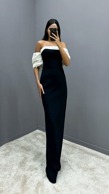 Black Back Bow Strapless Embellished Designer Dress