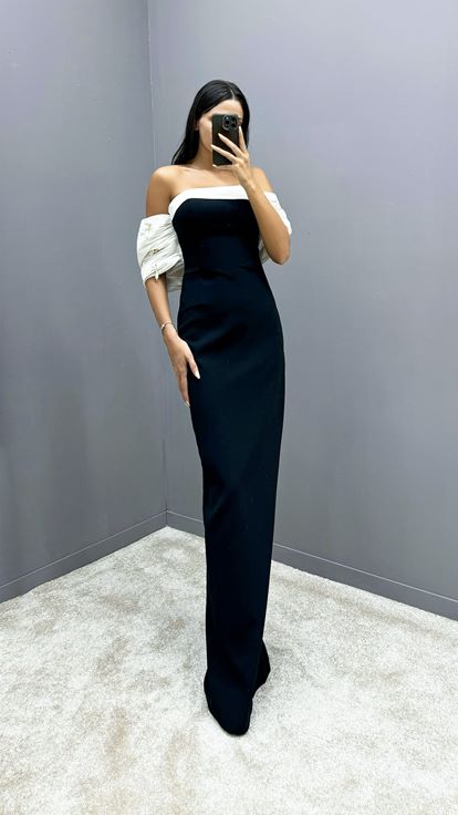 Black Back Bow Strapless Embellished Designer Dress