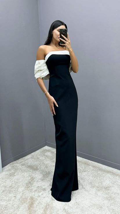 Black Back Bow Strapless Embellished Designer Dress