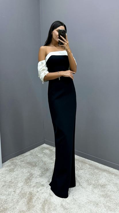 Black Back Bow Strapless Embellished Designer Dress